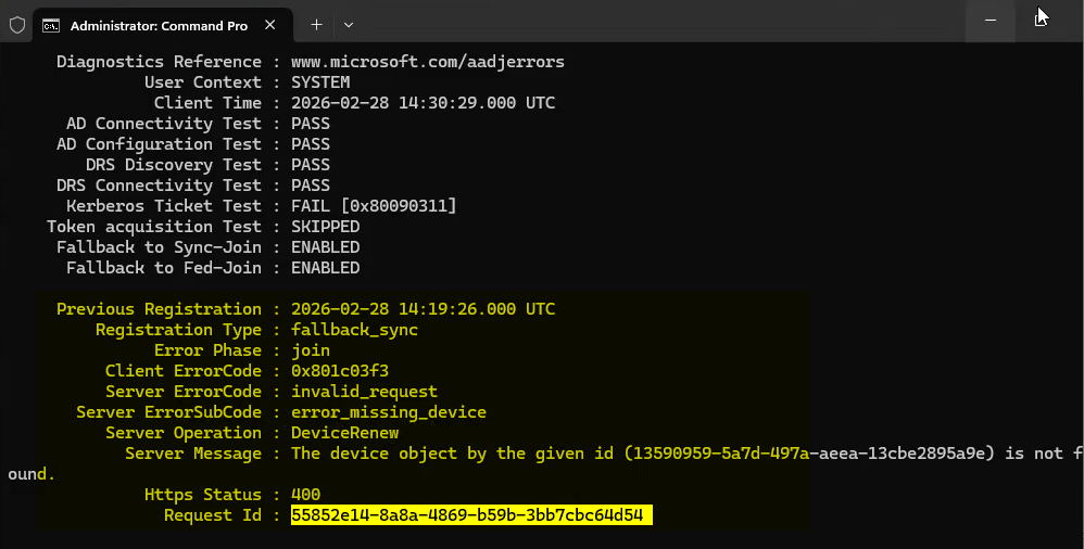 Command Prompt window showing dsregcmd slash status output with three errors fallback_sync invalid_request and error_missing_device followed by the message The device object by the given ID is not found indicating the device holds a stale GUID locally that Entra ID cannot resolve