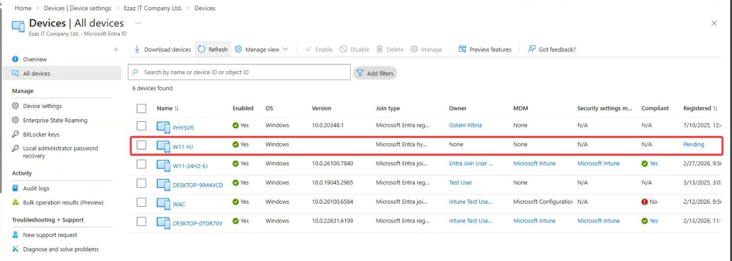 Microsoft Entra Admin Center Devices All Devices page showing the device entry for the affected Hybrid Joined Windows machine with Registration Status displayed as Pending which means Entra Connect synced the computer object but the client side handshake never completed