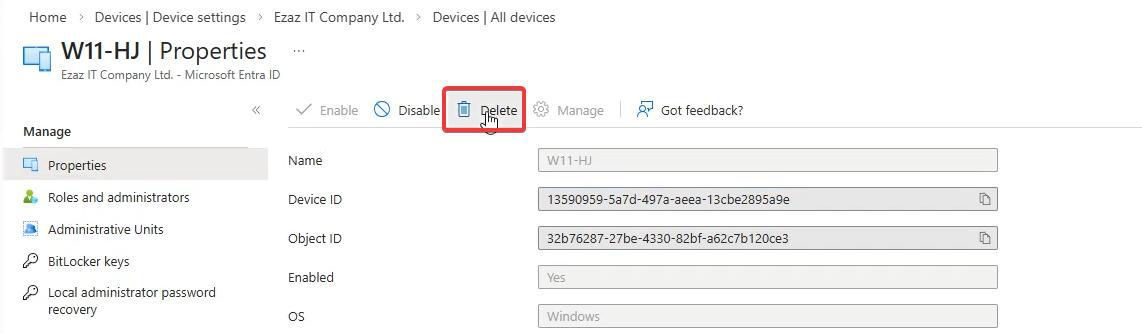 Entra Admin Center device properties pane with the Delete button highlighted at the top after the stale Pending Hybrid Joined device object has been confirmed as the correct one to remove based on matching GUID with the local device