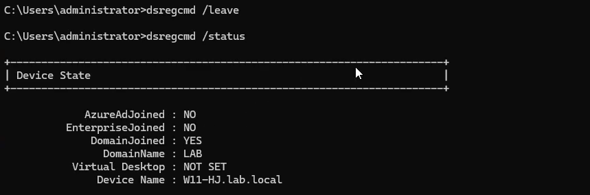 Command Prompt as Administrator showing dsregcmd slash leave followed by dsregcmd slash status output displaying AzureAdJoined NO and DomainJoined YES which is the correct intermediate state where the device is still in on-prem AD but cleanly deregistered from Entra ID