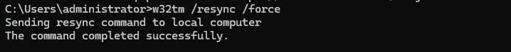 Command Prompt showing w32tm slash resync slash force command output confirming the device successfully resynchronized its system time which is required for Kerberos authentication and TLS certificate validation during the Entra registration handshake