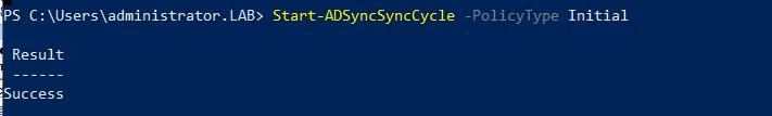 PowerShell as Administrator on the Microsoft Entra Connect server running Import-Module ADSync followed by Start-ADSyncSyncCycle with PolicyType Delta successfully kicking off an immediate delta sync to push the freshly created computer object up to Entra ID