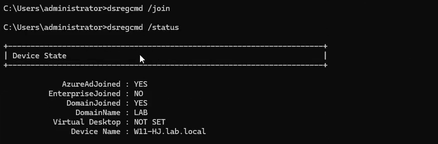 Command Prompt as Administrator running dsregcmd slash join followed by dsregcmd slash status output now showing AzureAdJoined YES and DomainJoined YES confirming the Hybrid Join completed successfully and the device is registered in both Active Directory and Microsoft Entra ID