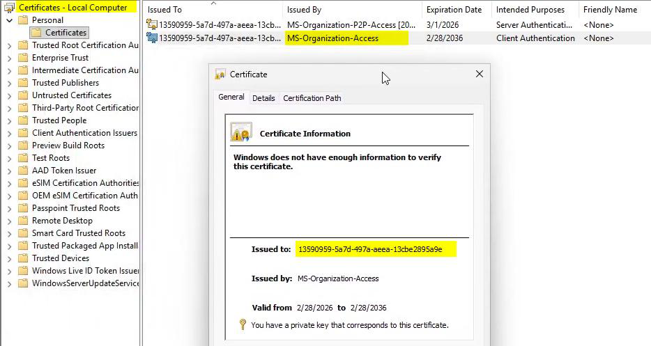 Local Machine certlm.msc certificate store showing the Personal Certificates folder with the MS-Organization-Access certificate Details tab open displaying the Subject field which contains CN equals followed by the Entra Device ID GUID assigned to the device