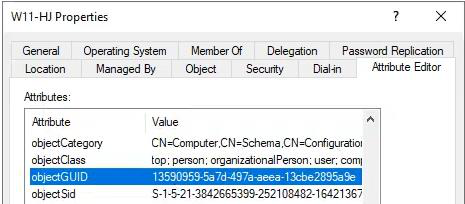 Active Directory Users and Computers ADUC console with Advanced Features enabled showing the computer object Properties Attribute Editor tab displaying the objectGUID attribute which should match the GUID from the certificate Subject for a healthy Hybrid Join