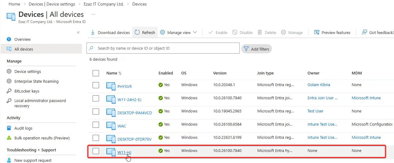 Microsoft Entra Admin Center device properties page showing Registration Status now displayed as Registered and Join Type as Hybrid Azure AD Joined with the Device ID field that should match both the certificate Subject GUID on the device and the objectGUID in on-prem AD