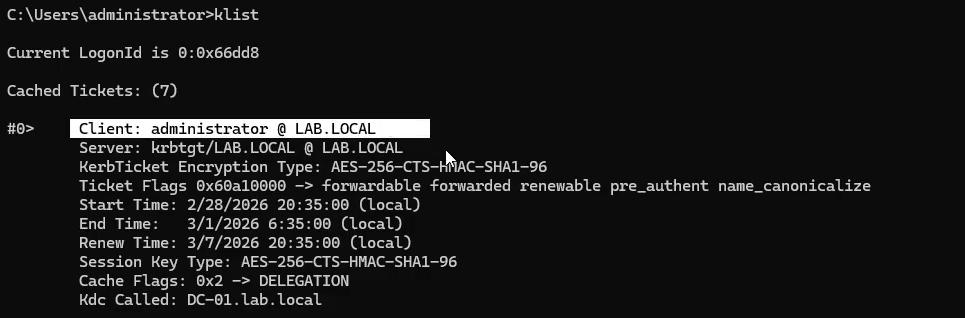 Command Prompt running klist showing the Kerberos ticket cache including a krbtgt ticket from the on-prem domain controller a Primary Refresh Token PRT issued by Entra ID and a krbtgt cloud ticket for hybrid SSO scenarios confirming the device can authenticate to both directories