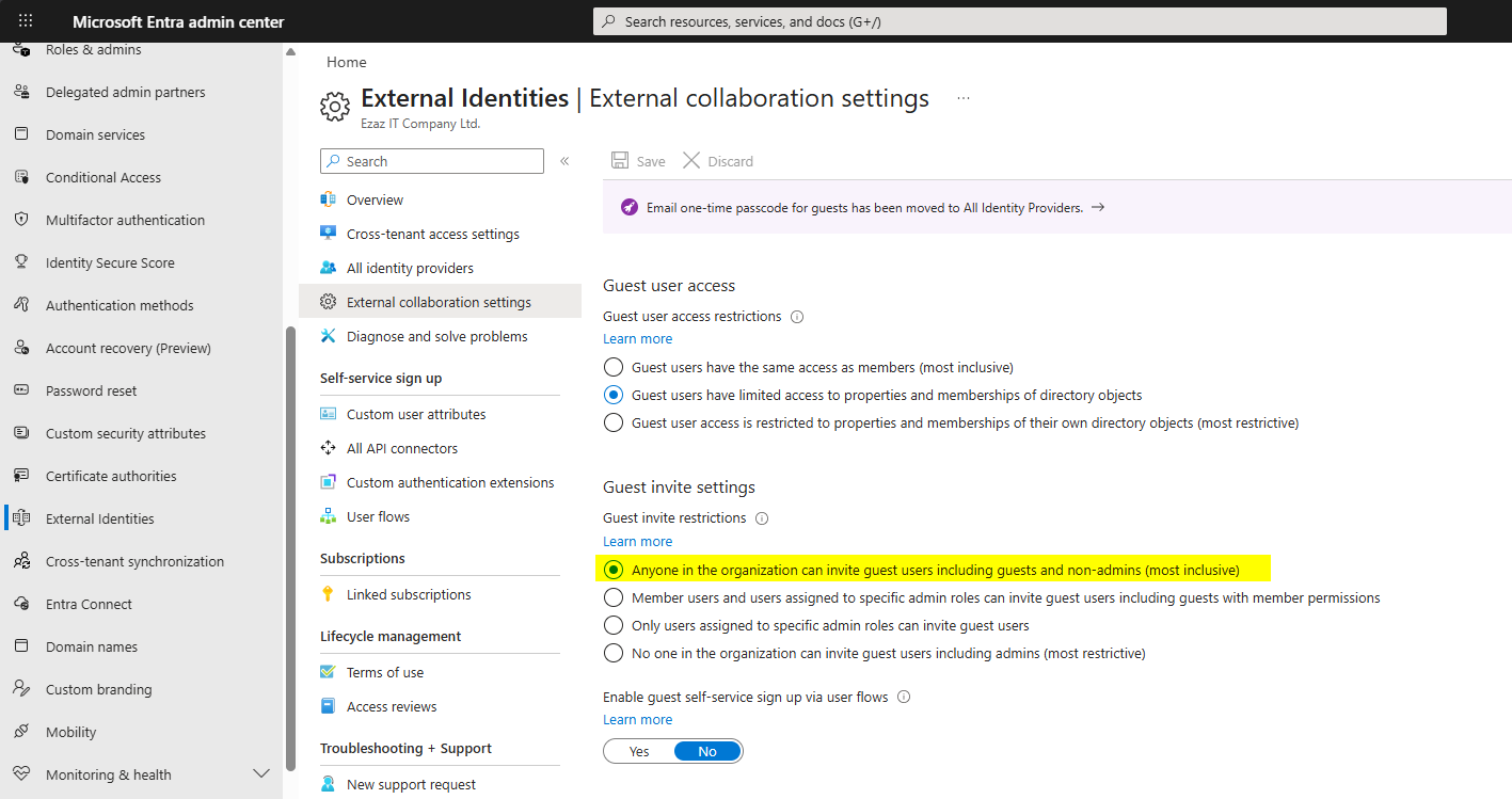 Microsoft Entra Admin Center External Identities External Collaboration Settings page showing Guest Invite Settings with the default option Anyone in the organization can invite guest users including guests and non-admins selected