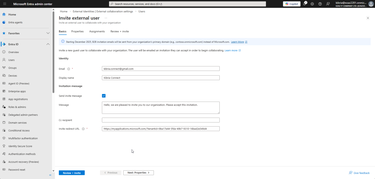 Microsoft Entra Admin Center New User Invite External User dialog showing the Display Name email Personal Message and First Last Name fields filled in for inviting a partner user named Concepts User with email conceptsuser@outlook.com