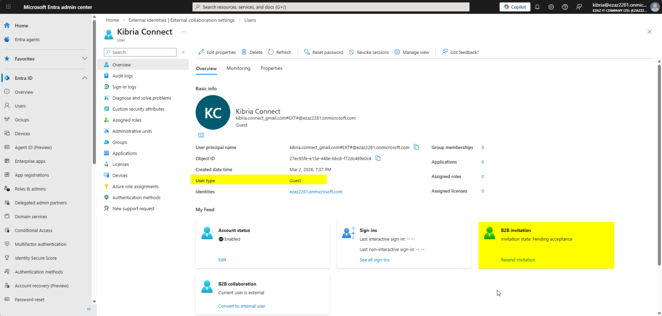 Entra Admin Center user properties page for the newly created guest user showing User Type Guest with Identities field still displaying ezaz2281.onmicrosoft.com because the invitation has not yet been accepted by the external user