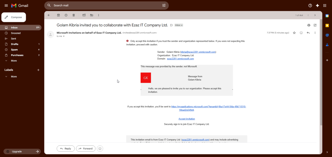 Gmail user receiving the Microsoft B2B invitation email and being prompted by Google to verify identity before accepting the invite by clicking the Send Code button which dispatches a one time passcode to their Gmail address