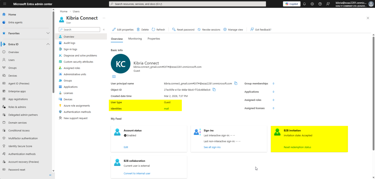 Entra Admin Center user properties for the same guest user after acceptance showing B2B Invitation Status changed to Accepted and the Identities field now displays Microsoft Account or Gmail confirming the external identity provider is now linked