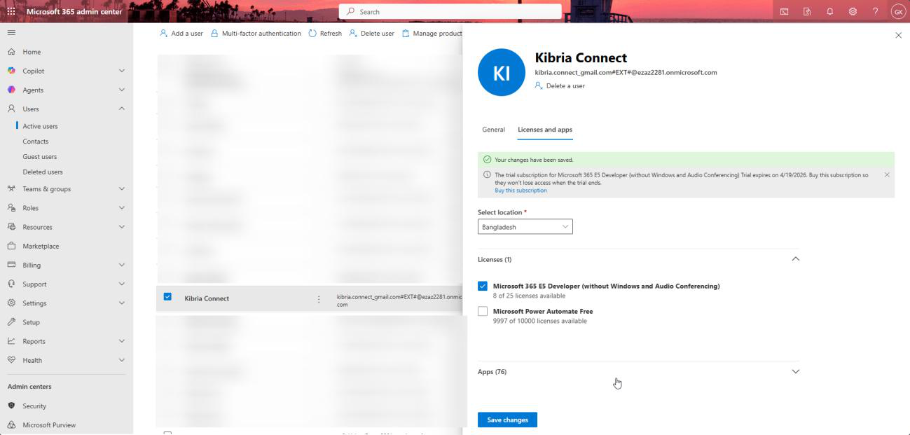 Entra Admin Center Licenses Assignments dialog with Microsoft 365 Business Standard checkbox ticked for the accepted guest user about to be saved which gives the guest access to the licensed apps and services in your tenant