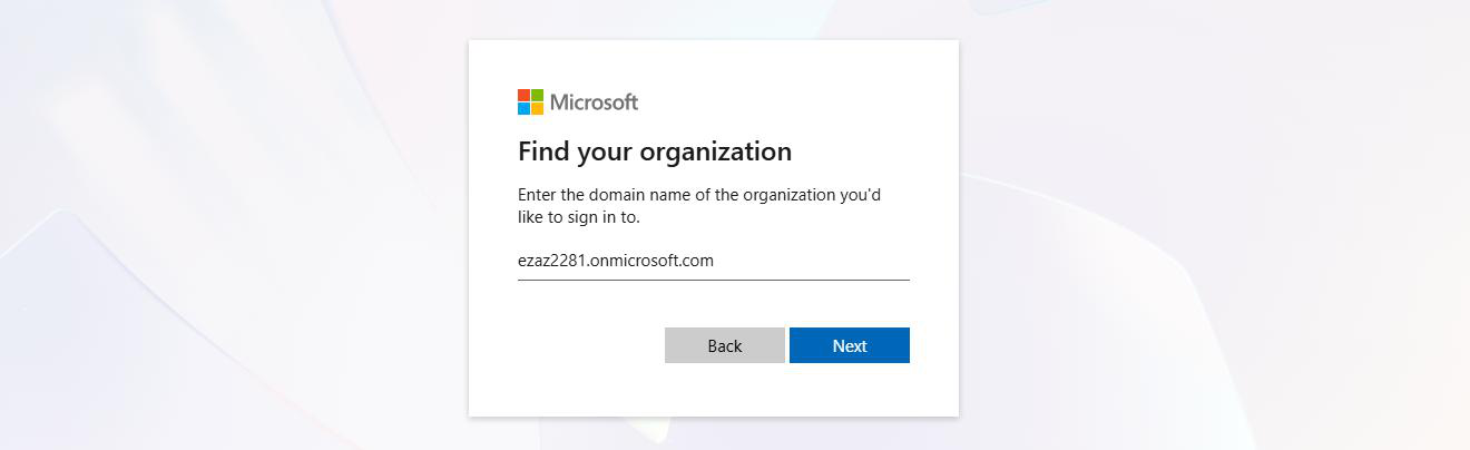 Microsoft sign in to an organization page where a Gmail guest user types the host tenant common endpoint domain ezaz2281.onmicrosoft.com to start the federated sign in flow that routes them to Email OTP verification