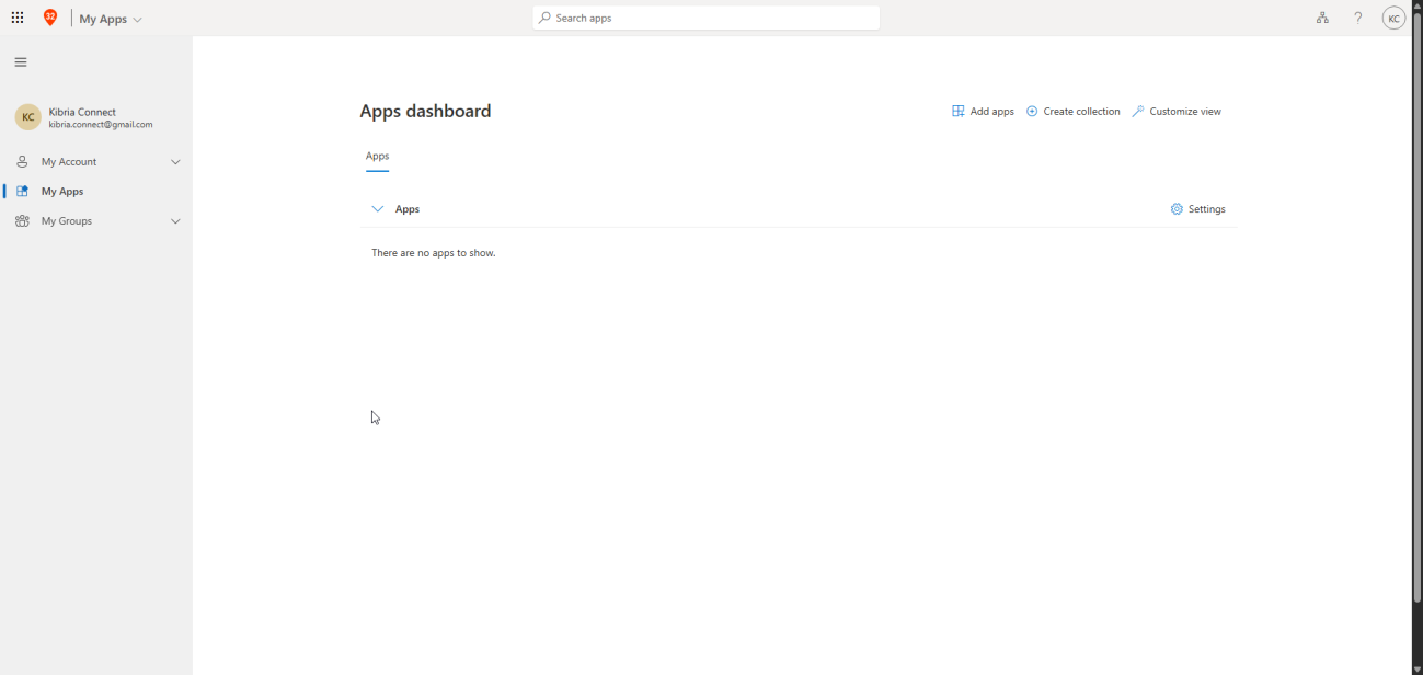 My Apps portal at myapps.microsoft.com loaded successfully for a guest user showing the assigned applications they can launch confirming the end to end B2B sign in flow worked from email invitation through OTP verification to accessing tenant resources