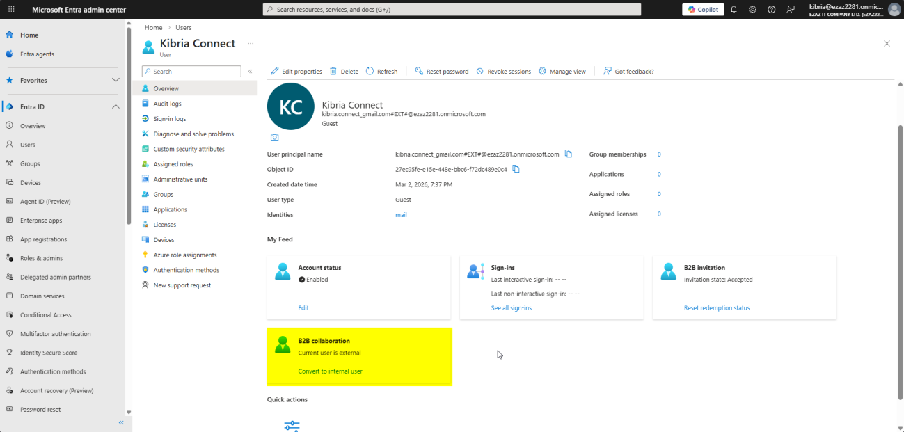 Entra Admin Center user Overview page showing the Convert to Internal User button highlighted in the B2B Collaboration section ready to promote a guest contractor to a full Member account with a new UPN inside the tenant domain