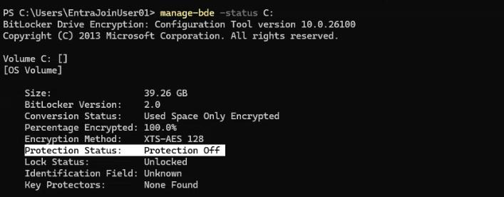 Windows Settings showing Access work or school info page confirming the test device is fully Microsoft Entra Joined not just Entra Registered which is required for the BitLocker key escrow and self service flow to apply