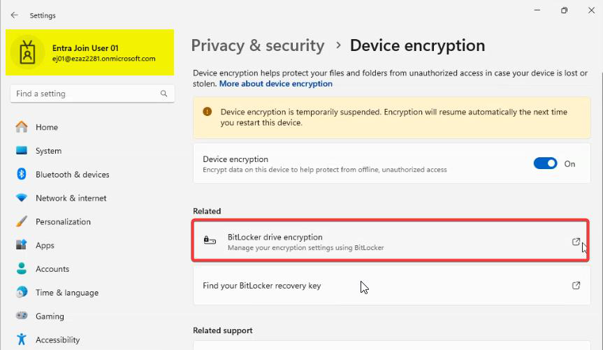 Command Prompt as Administrator showing manage-bde slash status C colon output with Protection Status Protection On and Key Protectors listing Recovery Password confirming BitLocker is fully enabled on the C drive of the test device