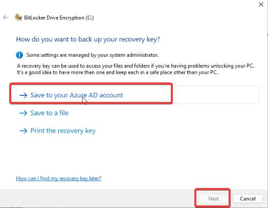Command Prompt running manage-bde slash protectors slash adbackup C colon dash id followed by the recovery key GUID forcing the BitLocker recovery key to be uploaded backed up to Microsoft Entra ID for an Entra joined device
