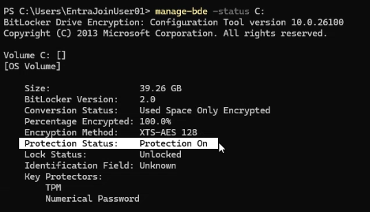 BitLocker enabling progress dialog showing the encryption status percentage on the C drive of the Entra Joined test device which can take from minutes to hours depending on disk size and the encryption mode chosen