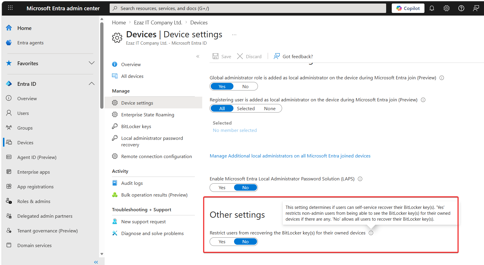 Microsoft Entra Admin Center Device Settings page scrolled to the BitLocker section showing the Users may view their BitLocker keys setting with the current value of either Yes admin only or No self service which is the toggle being tested in this guide