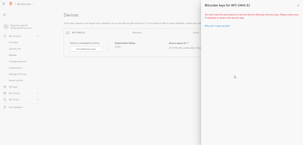Microsoft account portal myaccount.microsoft.com Devices page opened in InPrivate mode signed in as a standard non admin user showing the device list and a BitLocker keys link or option that is hidden or returns an error in restricted mode
