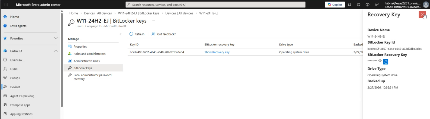 Microsoft Entra Admin Center BitLocker Keys page where an admin clicks Show Recovery Key to reveal the full 48 digit numerical recovery password for the test device confirming admin retrieval still works regardless of the user self service setting