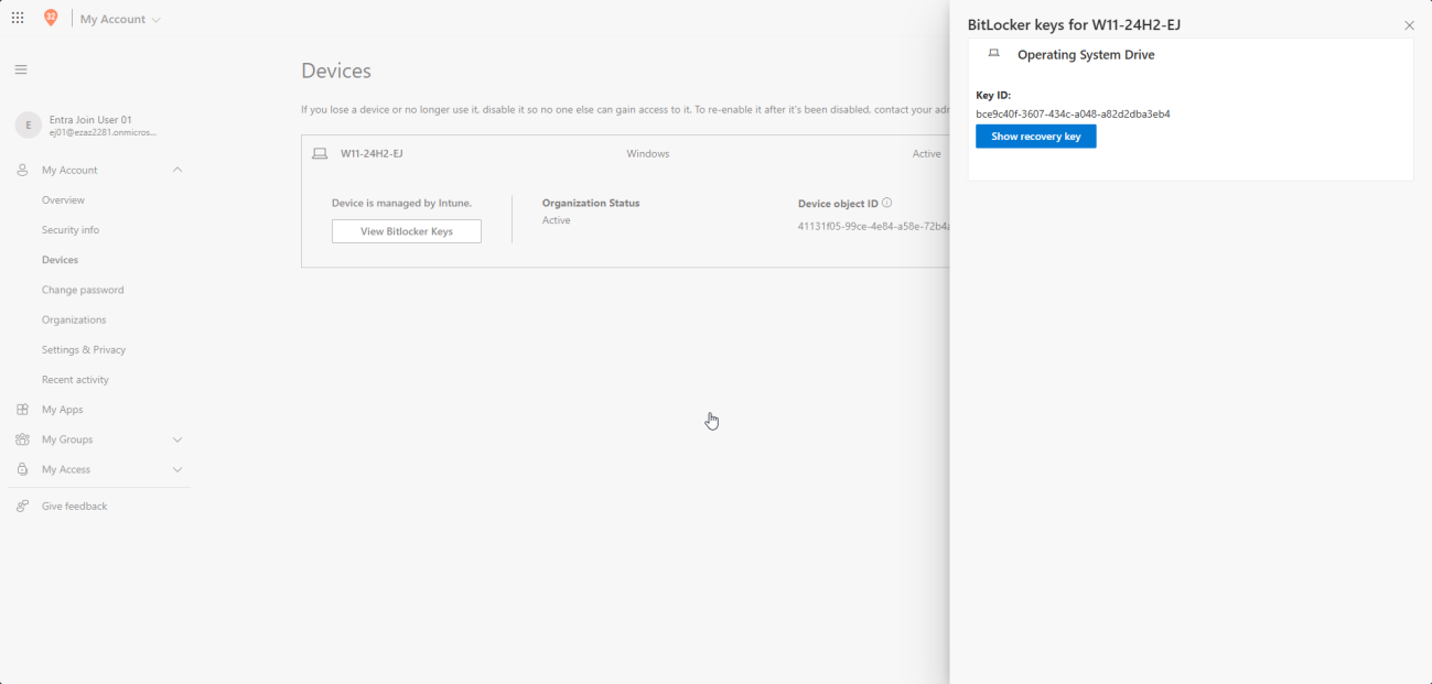 Microsoft account portal myaccount.microsoft.com Devices page now showing the standard test user successfully retrieving their own BitLocker recovery key after the setting was switched to No which permits user self service after an MFA challenge