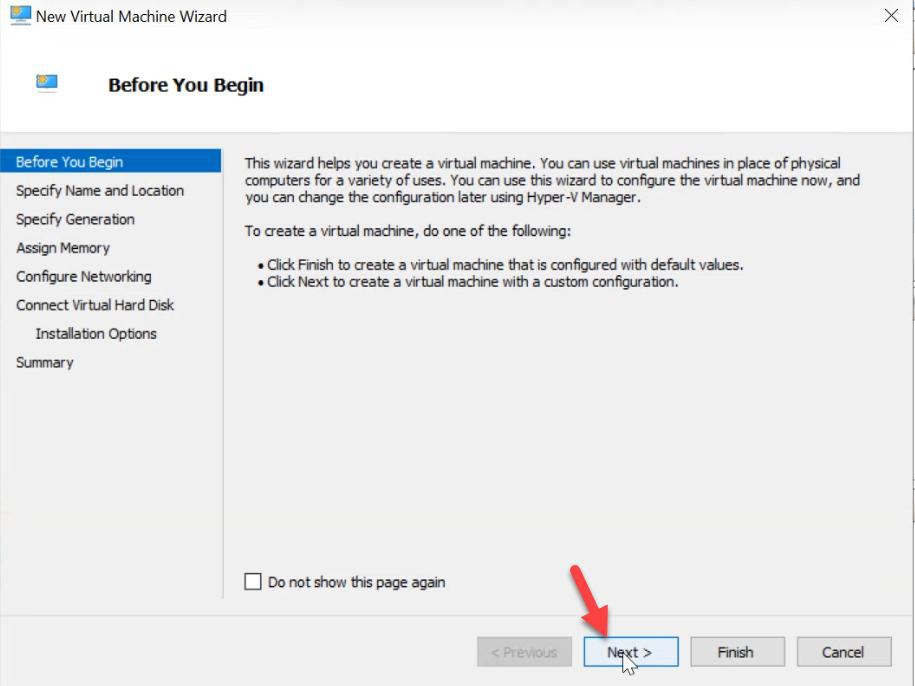 Before You Begin page of the New Virtual Machine Wizard with Next button visible