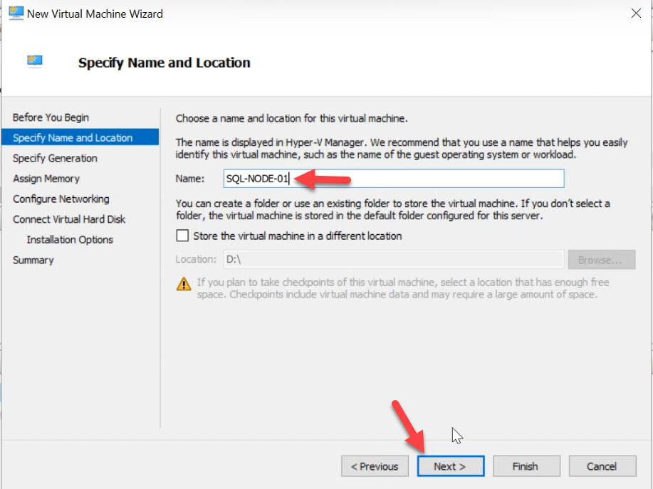 Specify Name and Location step with the VM name SQL-NODE-01 entered