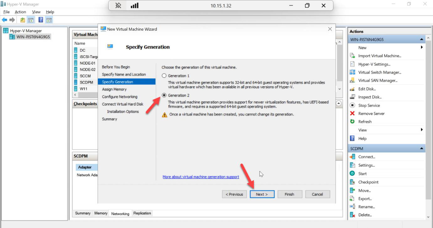 Specify Generation step with Generation 2 radio button selected for UEFI boot support