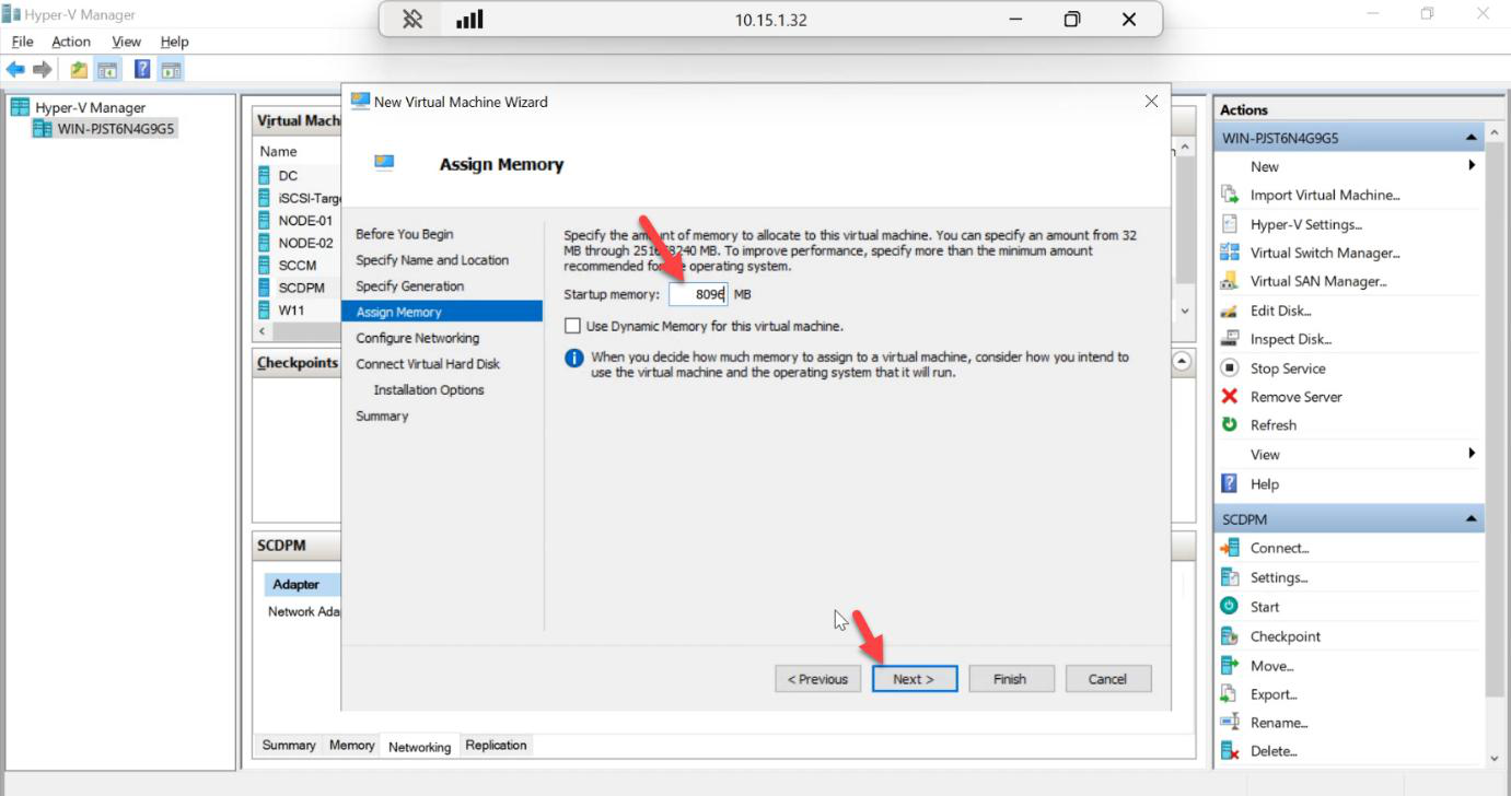 Assign Memory step with the Startup memory set in megabytes for the new VM
