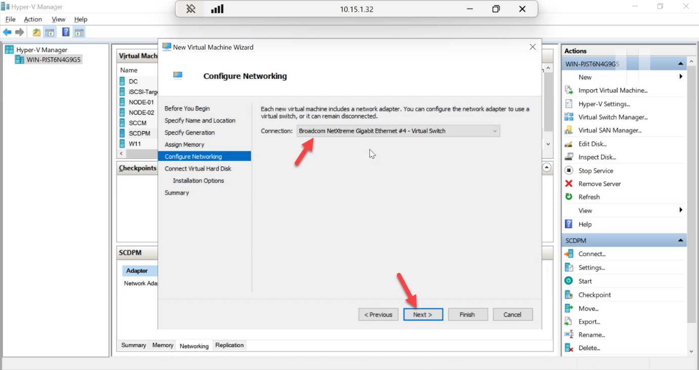Configure Networking step with the External vSwitch chosen so the VM can reach the domain