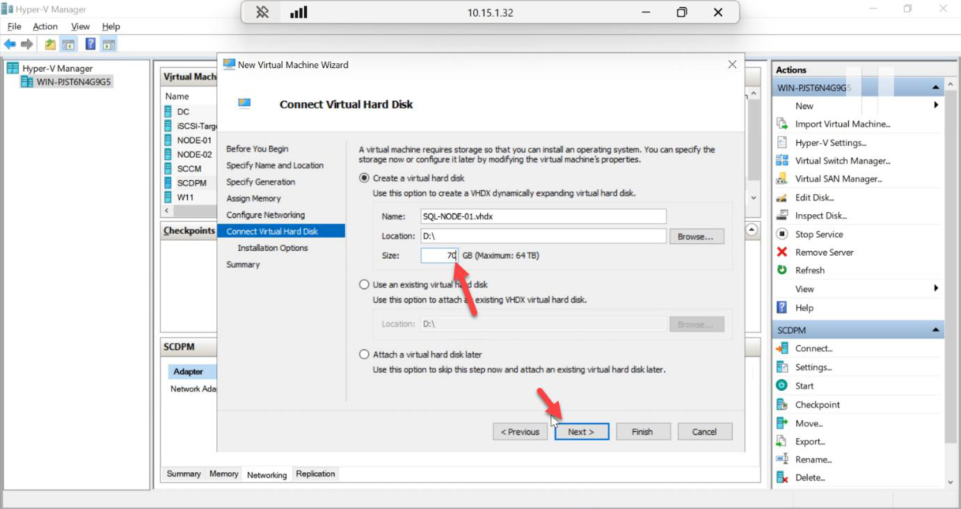 Connect Virtual Hard Disk step with the new fixed-size VHDX path and capacity entered