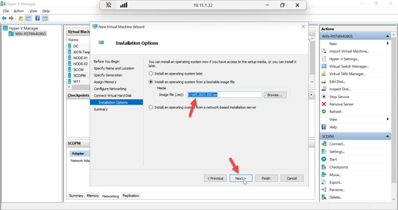 Installation Options step with the Browse button used to attach the Windows Server 2025 ISO