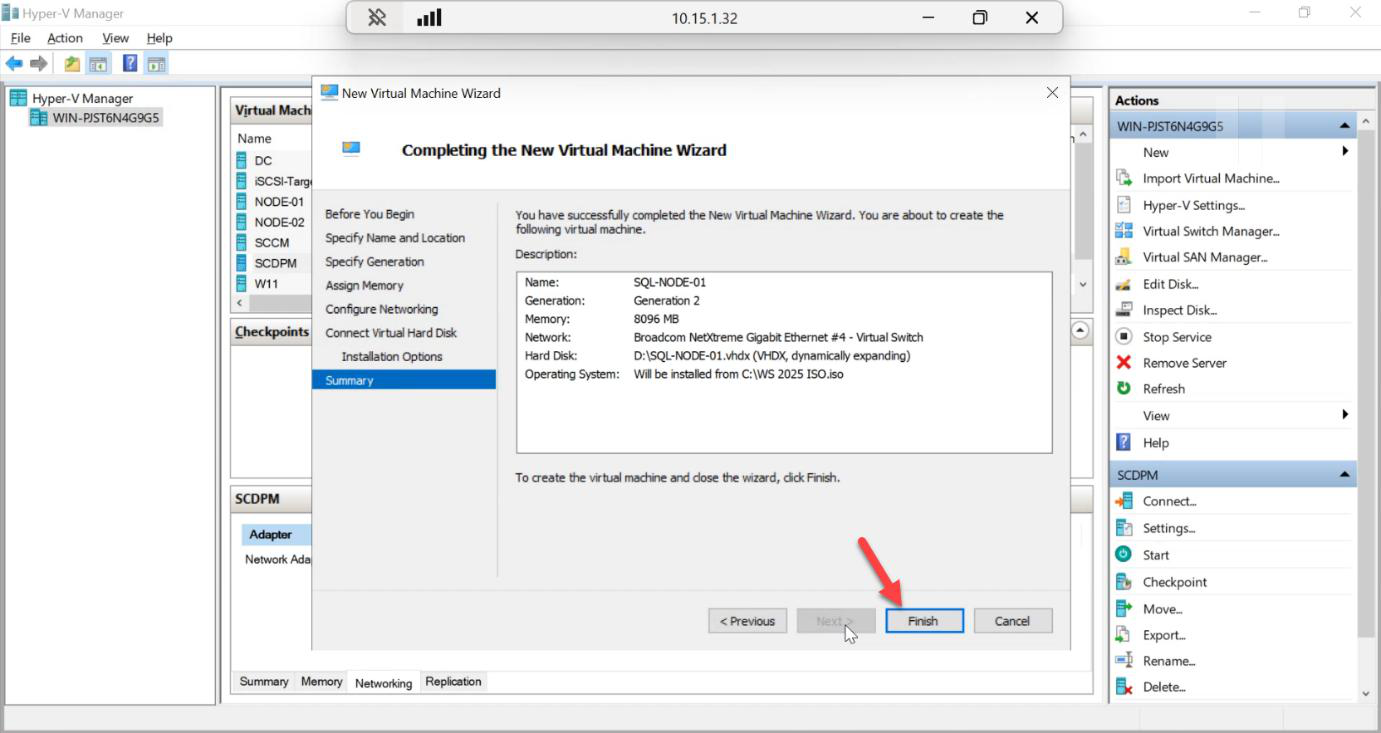 Completing the New Virtual Machine Wizard summary page with the Finish button visible
