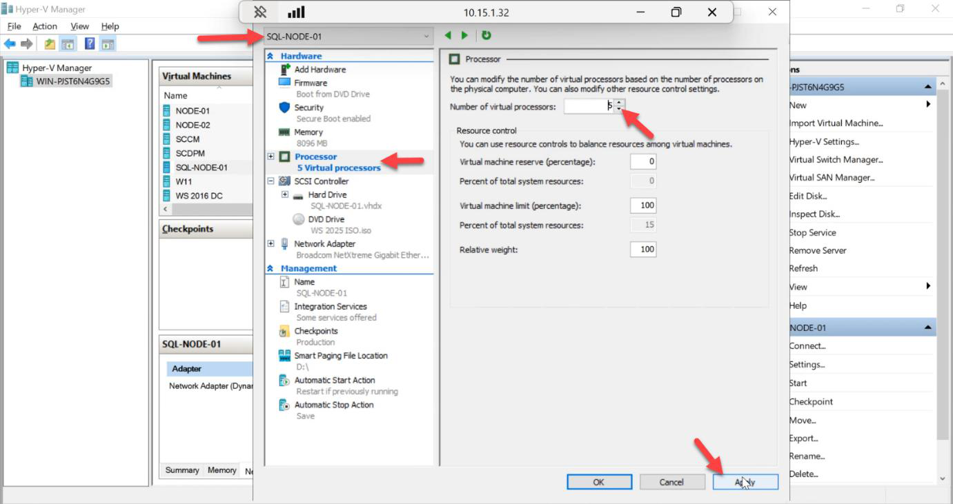 VM Settings dialog with the Processor pane open and the virtual processor count being increased