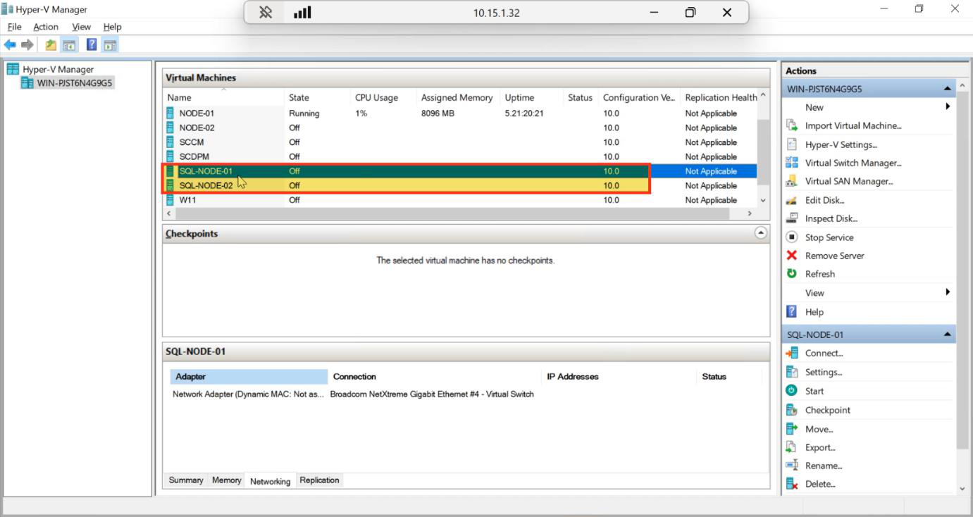 Hyper-V Manager Virtual Machines list showing both SQL-NODE-01 and SQL-NODE-02 in the Off state ready to start