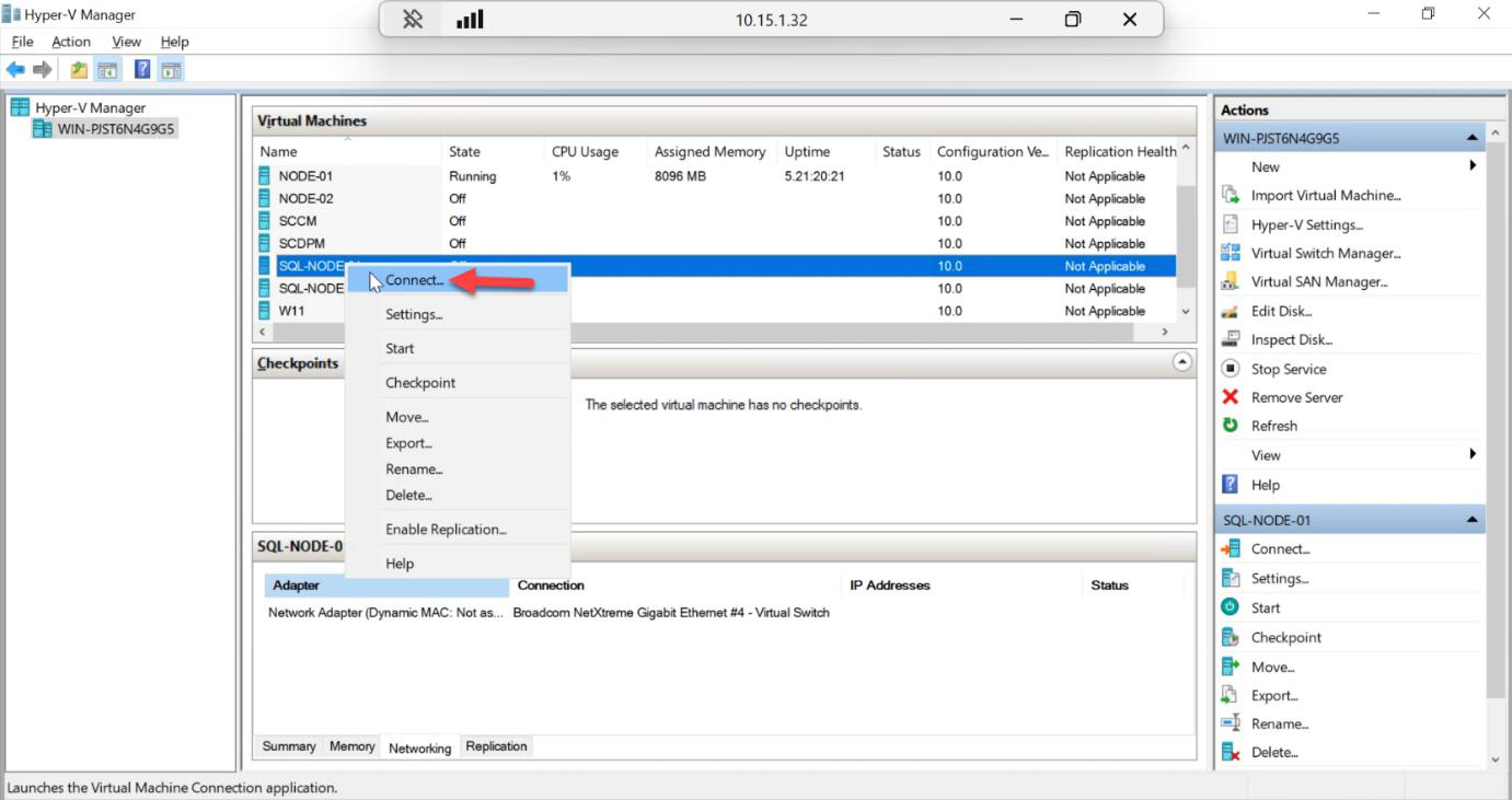 Right-click context menu on a VM with the Connect option highlighted to open the console