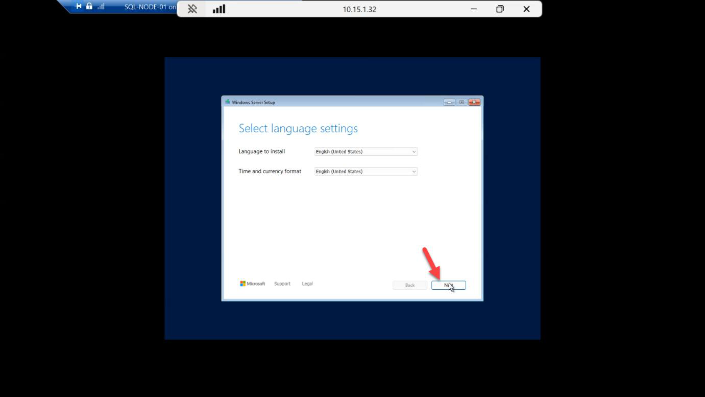 Windows Setup language and keyboard selection screen with the default options retained