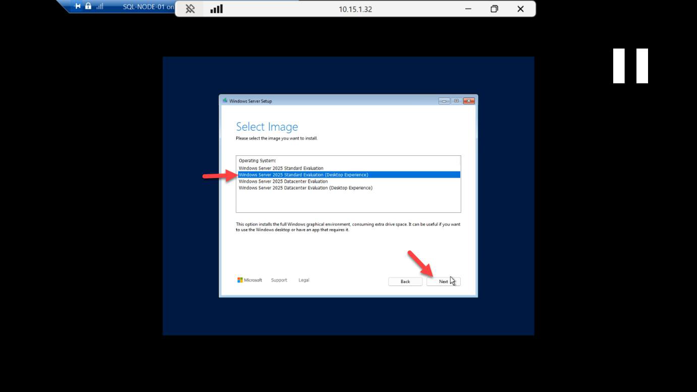 Windows Setup operating system selection with the server desktop experience SKU chosen