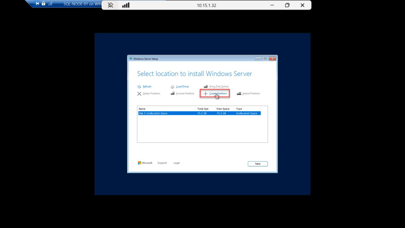 Windows Setup partition step with Create New Partition selected on the unallocated disk