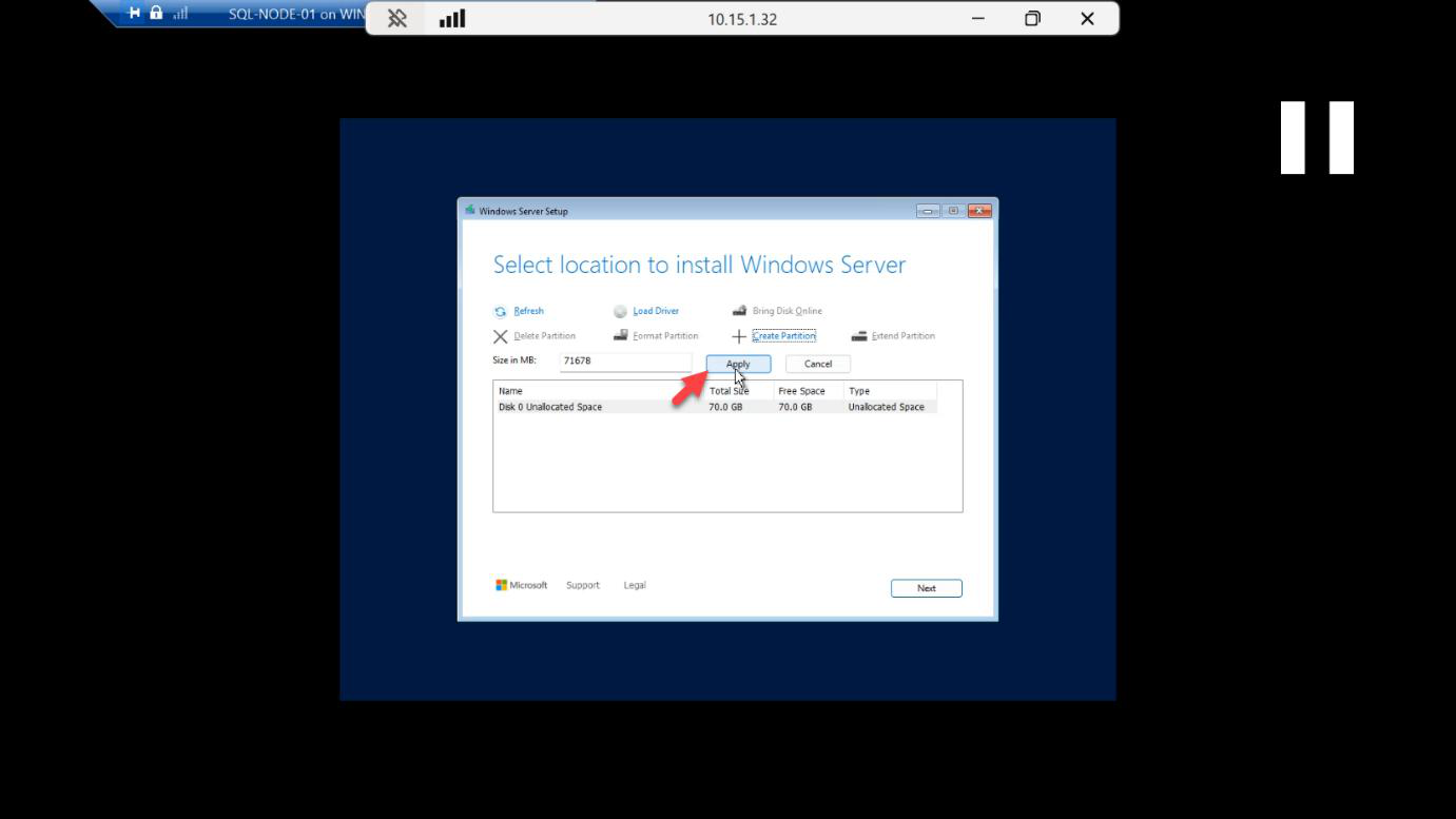 Windows Setup partition Apply confirmation dialog accepted to create the system partition