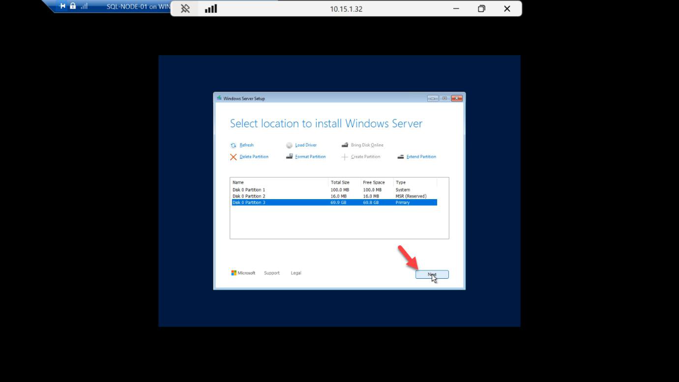 Windows Setup ready to install summary page with the chosen edition and partition shown