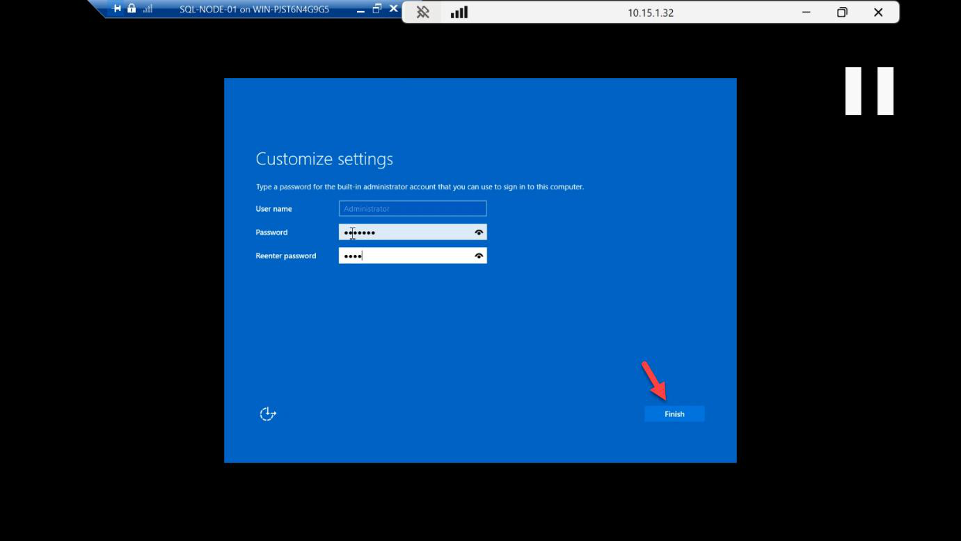 Initial sign-in prompt to set the local administrator password before first login to the new server
