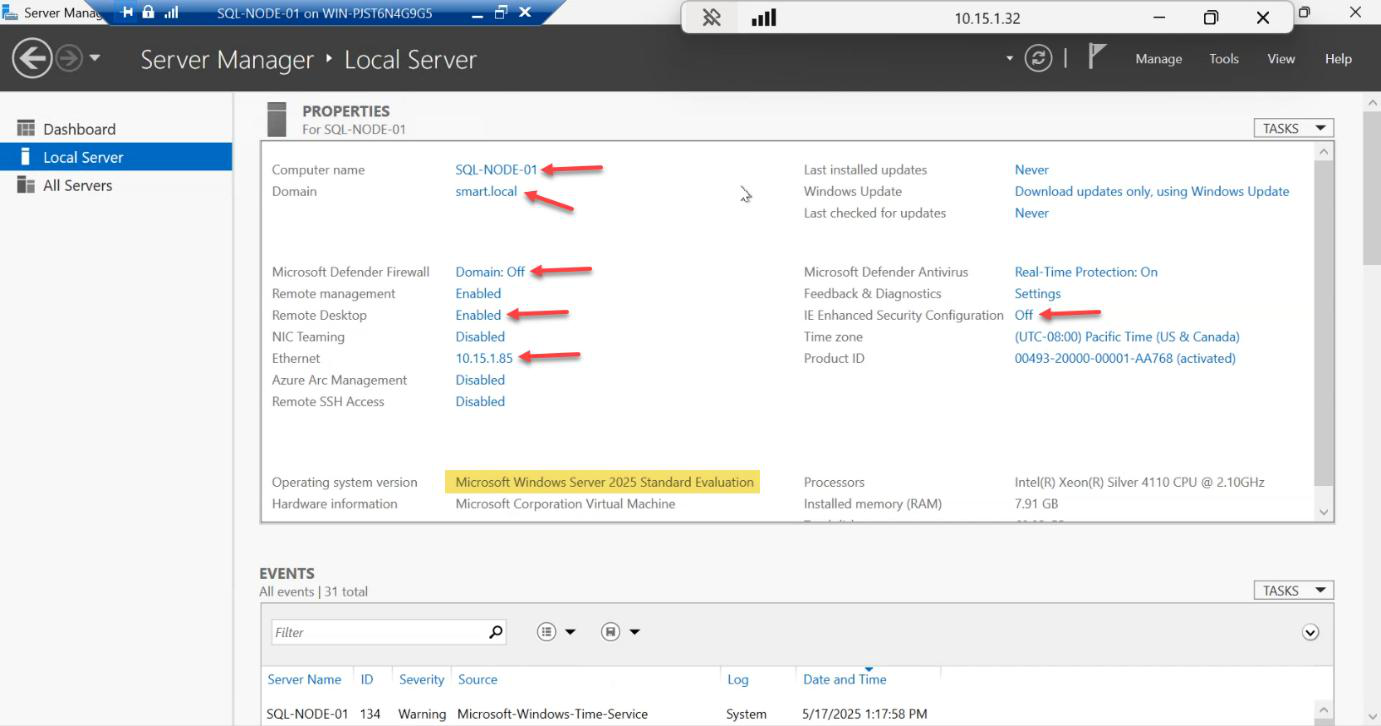 Server Manager view confirming basic configuration like rename join domain disable firewall and IE security tasks have been completed
