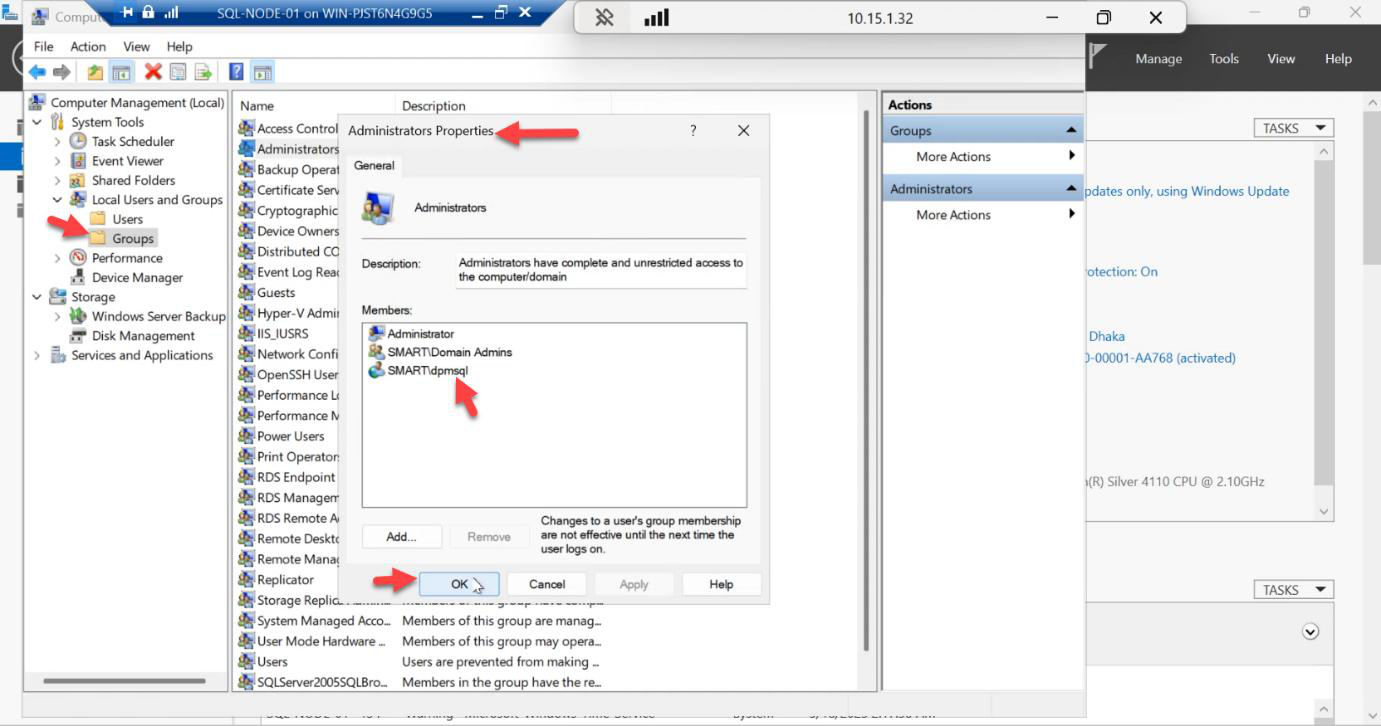 Local Users and Groups Administrators group with the SQL service AD account being added as a member