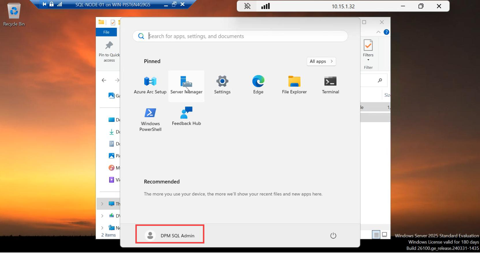 Windows lock screen prepared for sign-out from local admin and sign-in using the SQL service account