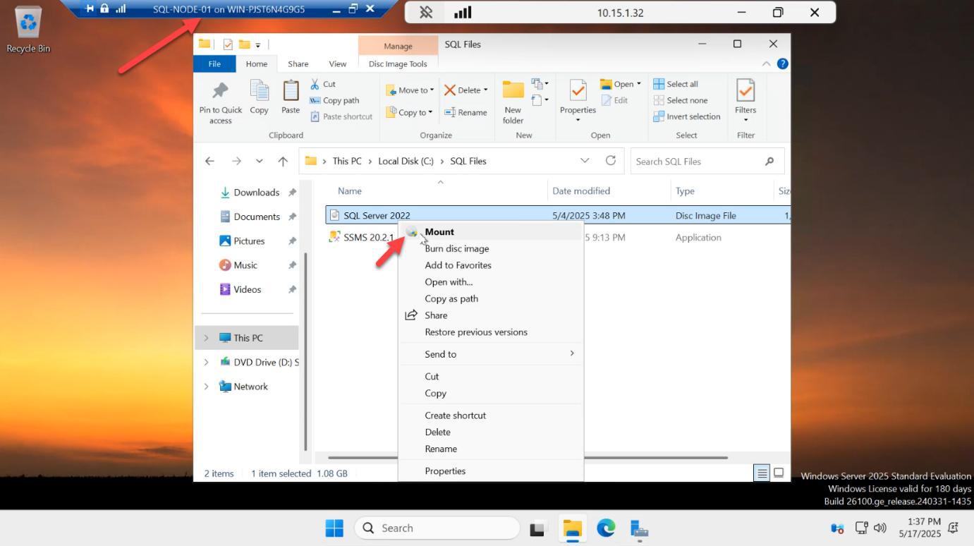 File Explorer right-click context menu on the SQL Server 2022 ISO with the Mount option selected to expose installer contents