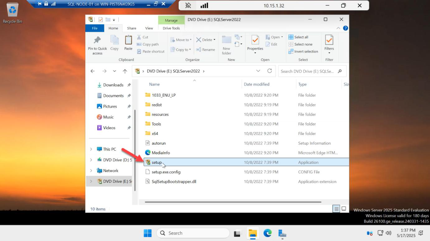 Mounted SQL Server ISO drive in File Explorer showing the setup.exe entry being launched